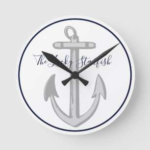 Nautical Navy Blue Anchor Coastal Monogram Round C Clock