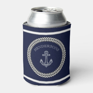 Nautical Navy Blue Anchor Coastal Monogram Round P Can Cooler