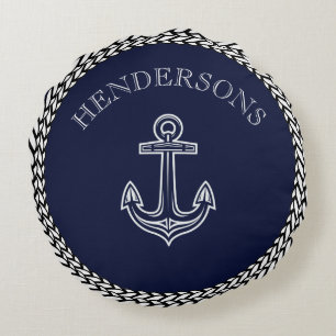 Nautical Navy Blue Anchor Coastal Monogram Round P Pillow