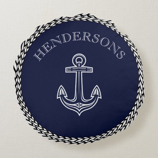 Nautical Navy Blue Anchor Coastal Monogram Round P Round Pillow (Back)