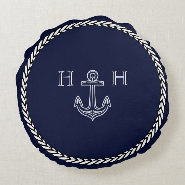 Nautical Navy Blue Anchor Coastal Monogram Round Pillow (Back)