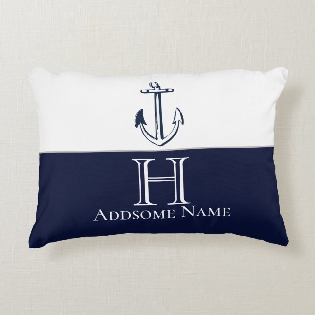 Nautical Navy Blue Anchor Coastal Monogrammed Accent Pillow (Front)