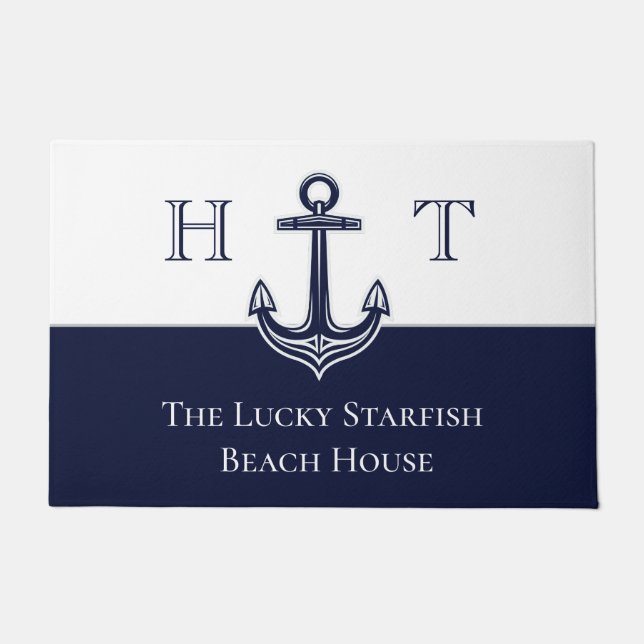 Nautical Navy Blue Anchor Coastal Monogrammed Door Doormat (Front)