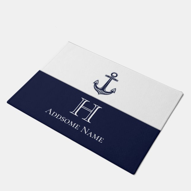 Nautical Navy Blue Anchor Coastal Monogrammed Doormat (Angled)