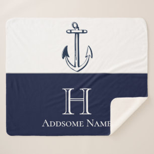 Nautical Navy Blue Anchor Coastal Monogrammed Sherpa Blanket