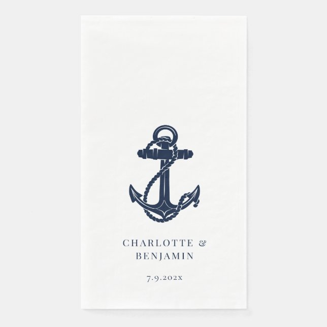 Nautical Navy Blue Anchor Coastal Wedding Napkin (Front)