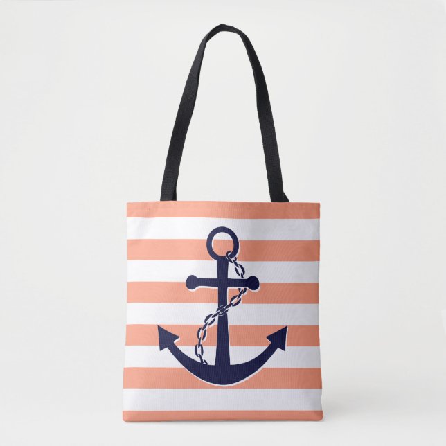 Nautical Navy Blue Anchor Coral Peach Stripe Beach Tote Bag (Front)
