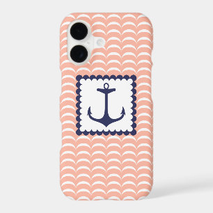 Nautical Navy Blue Anchor Coral Pink Waves