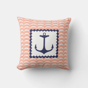 Nautical Navy Blue Anchor Coral Pink Waves Throw Pillow