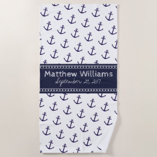 Nautical Navy Blue Anchor Custom Beach Towel
