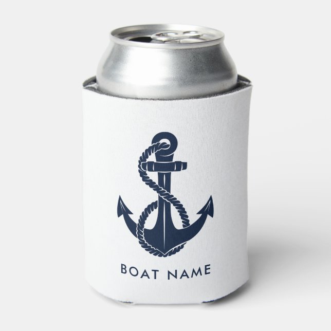 Nautical Navy Blue Anchor Custom Boat Name Can Cooler (Can Front)