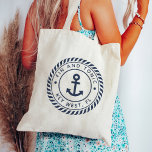 Nautical Navy Blue Anchor | Custom Boat Name Tote Bag<br><div class="desc">Tote your boat gear with this awesome personalized bag that you can easily customize with your boat name! Classic nautical design features your boat name and ship's registry curved inside a navy blue rope logo badge with an anchor illustration in the centre.</div>
