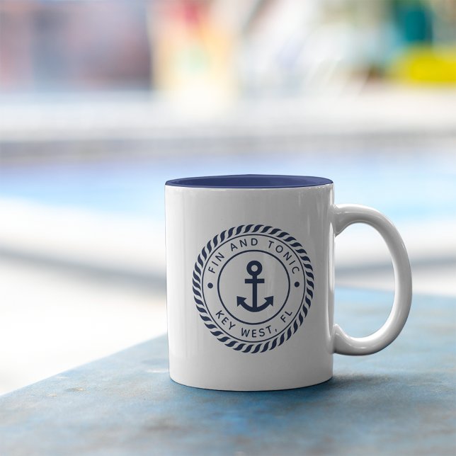 Nautical Navy Blue Anchor Custom Boat Name Two-Tone Coffee Mug (Creator Uploaded)