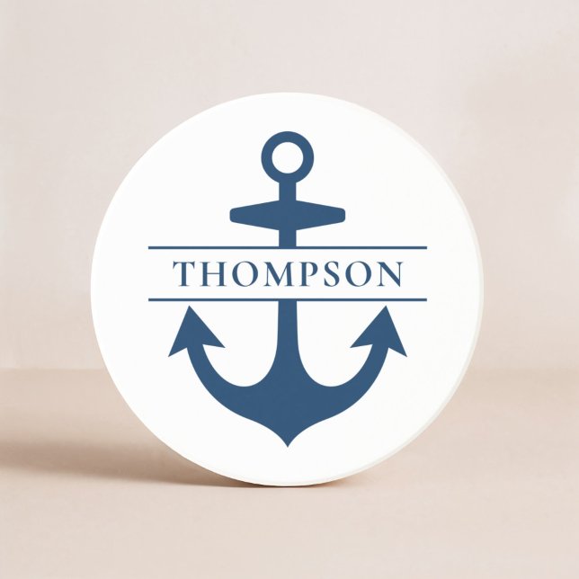 Nautical Navy Blue Anchor Custom Monogram Name Coaster (Creator Uploaded)