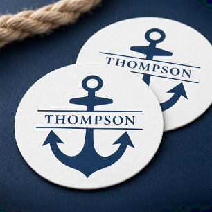 Nautical Navy Blue Anchor Custom Monogram Name Round Paper Coaster