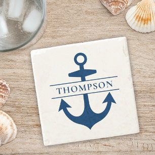 Nautical Navy Blue Anchor Custom Monogram Name Stone Coaster