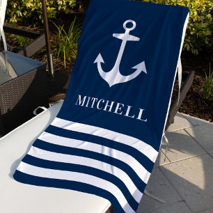 Nautical Navy Blue Anchor Custom Name Beach Towel