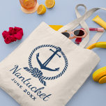 Nautical Navy Blue Anchor Custom Wedding Tote Bag<br><div class="desc">Nautical tote bag features a navy blue boat anchor with decorative rope knot frame and custom text that can be personalized for your vacation or special event.</div>