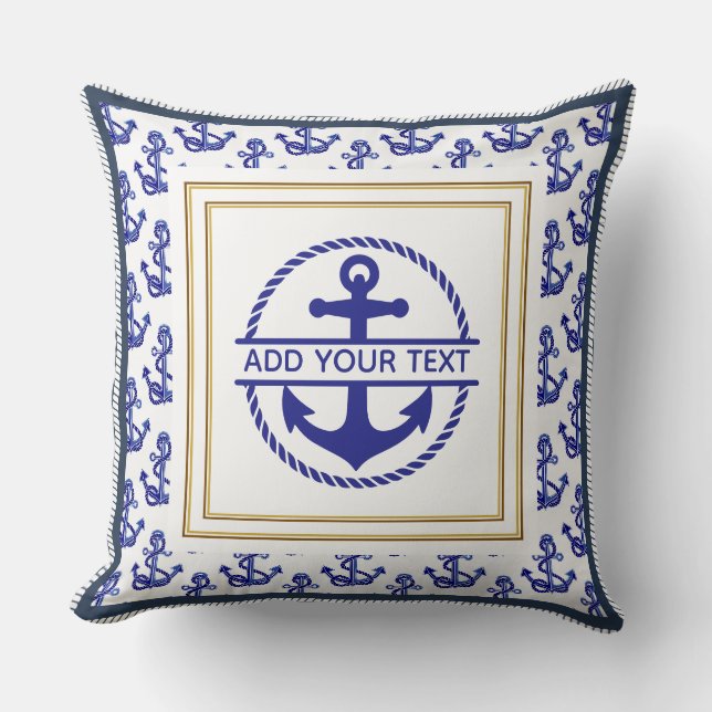 Nautical Navy Blue Anchor Customizable Name Throw Pillow (Front)