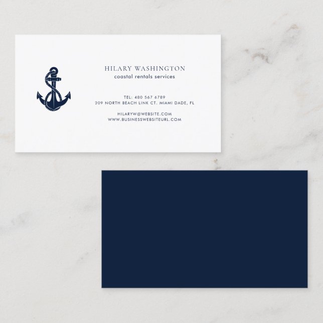 Nautical Navy Blue Anchor Elegant Business Card (Front/Back)