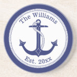 Nautical Navy Blue Anchor Family Name Coaster<br><div class="desc">This nautical design on this coaster has a navy blue anchor with a circular rope border and a navy blue edge.   Personalize with your own family name and year of establishment,  or replace with other text.</div>