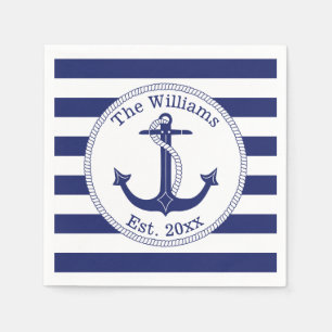 Nautical Navy Blue Anchor Family Name Napkin