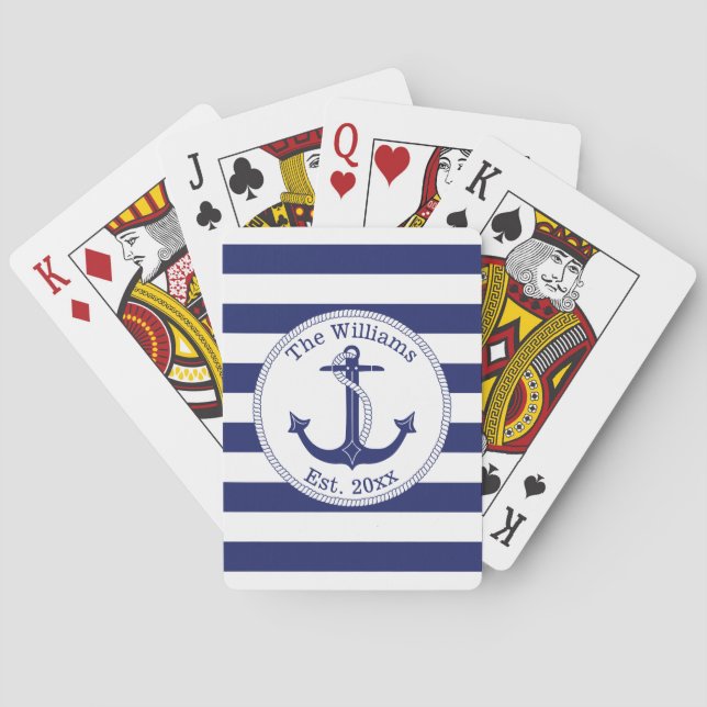 Nautical Navy Blue Anchor Family Name Playing Cards (Back)