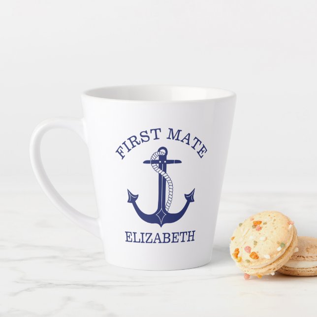 Nautical Navy Blue Anchor First Mate Add Name Latte Mug (In Situ)