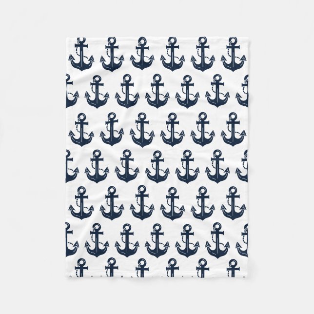 Nautical Navy Blue Anchor Fleece Blanket (Front)