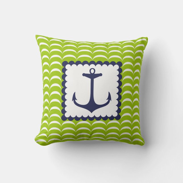 Nautical  Navy Blue Anchor Green  Waves Pattern Throw Pillow (Front)