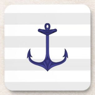 Nautical Navy Blue Anchor Grey White Stripes Coaster
