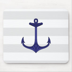 Nautical Navy Blue Anchor Grey White Stripes Mouse Pad