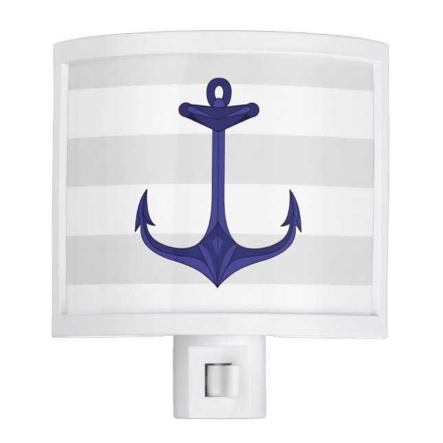 Nautical Navy Blue Anchor Grey White Stripes Night Light (Front)