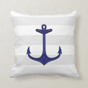 Nautical Navy Blue Anchor Grey White Stripes Throw Pillow