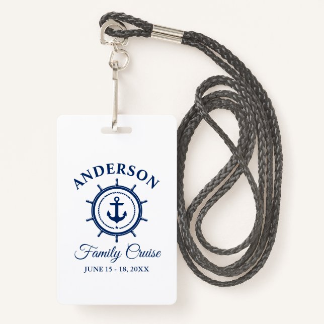 Nautical Navy Blue Anchor Helm Family Cruise Badge (Front with Lanyard)