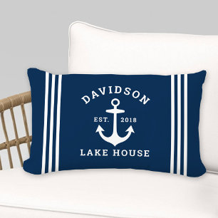 Nautical Navy Blue Anchor Lake House Family Lumbar Pillow