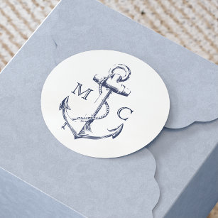 Nautical Navy Blue Anchor Monogram Classic Round Sticker