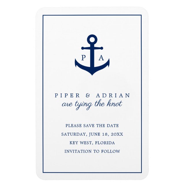 Nautical Navy Blue Anchor Monogram Save the Date Magnet (Vertical)