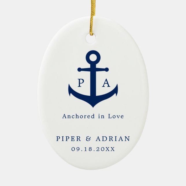 Nautical Navy Blue Anchor Monogram Wedding Ceramic Ornament (Front)