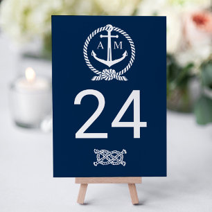 Nautical Navy Blue Anchor Monogram Wedding Table Number