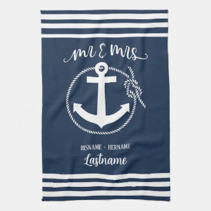 Nautical Navy Blue Anchor Mr and Mrs Kitchen Towel