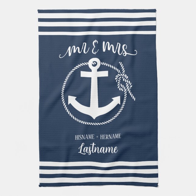 Nautical Navy Blue Anchor Mr and Mrs Kitchen Towel (Vertical)