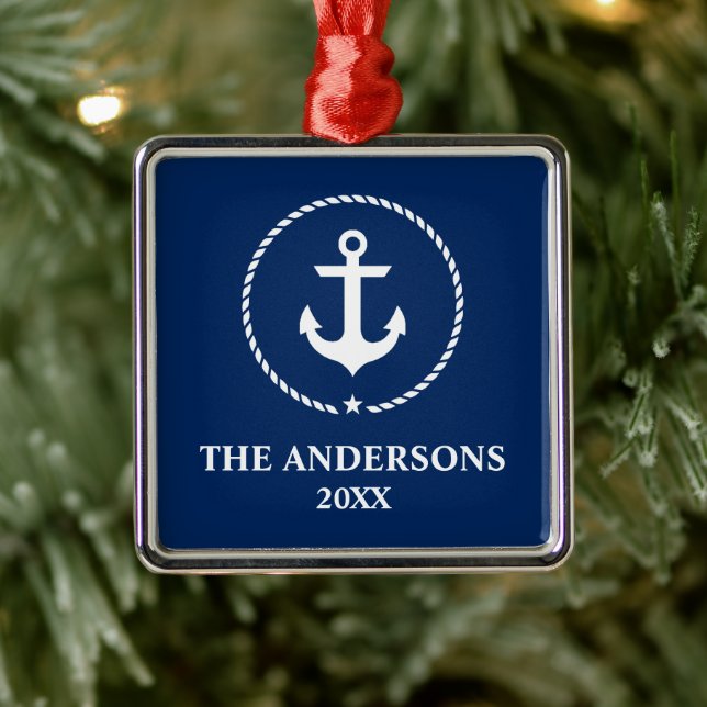 Nautical Navy Blue Anchor Name Year Metal Ornament (Tree)