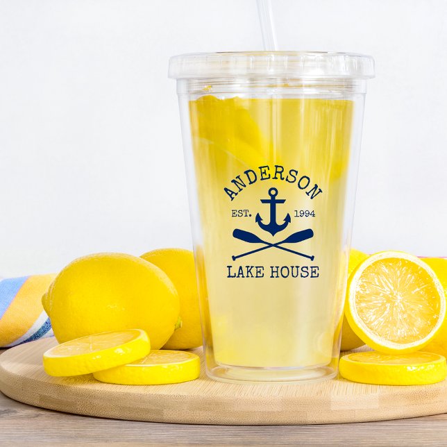 Nautical Navy Blue Anchor Oars Family Lake House Acrylic Tumbler (Choose your lid color.)
