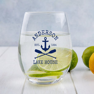 Nautical Navy Blue Anchor Oars Family Lake House Stemless Wine Glass