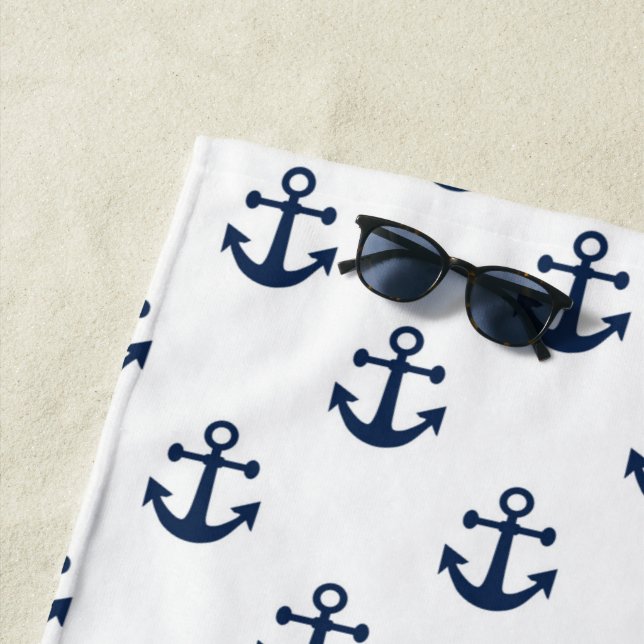 Nautical navy blue anchor on a white background beach towel (In Situ)