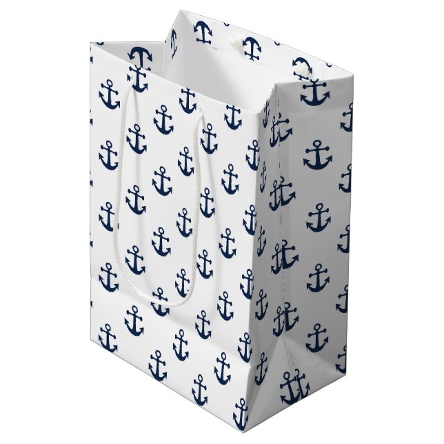Nautical navy blue anchor on a white background medium gift bag (Front Angled)