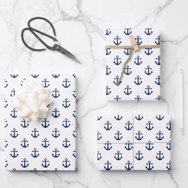 Nautical navy blue anchor on a white background wrapping paper sheet (Front)