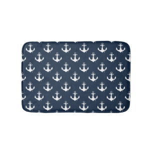Nautical Navy Blue Anchor Pattern Bath Mat