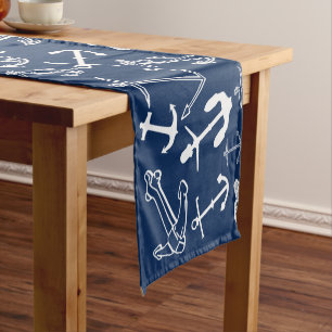 Nautical Navy Blue Anchor Pattern Short Table Runner
